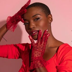 Vixen by Micheline Pitt BLACK POLKA DOT WRISTLET GLOVES IN RED MESH